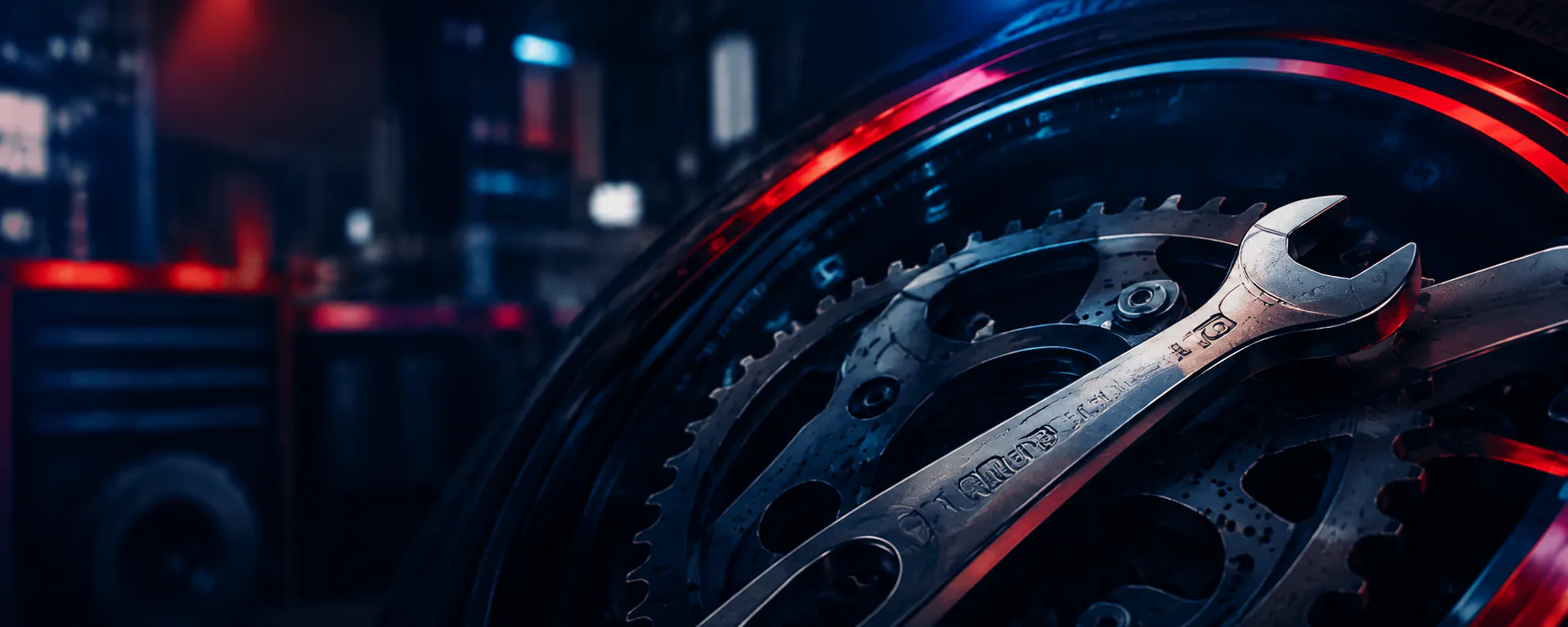 Llave fija sobre la corona de una moto en un taller